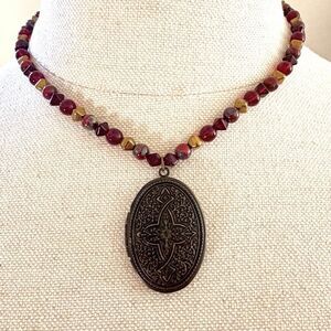 Lenore Solmo Victorian Revival Locket Necklace Red  Beads Key Charm